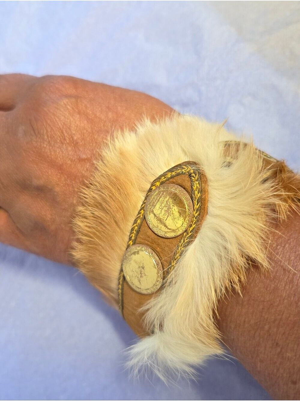 Vintage Unisex Handmade Leather and Fur Cuff Bracelet